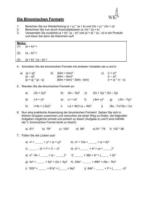 Die Binomischen Formeln - Wilhelm-Knapp-Schule Weilburg