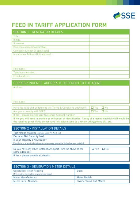 FEED IN TARIFF APPLICATION FORM - Green Tomato Energy