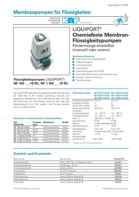 Chemiefeste Membran- Flüssigkeitspumpen - KNF