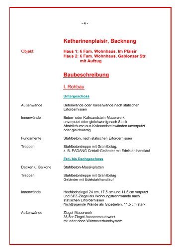 Katharinenplaisir, Backnang Baubeschreibung - Klink-HAUS GmbH