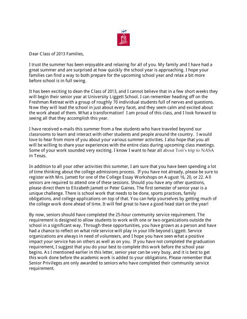 Dear Class of 2013 Families, I trust the summer has been enjoyable ...