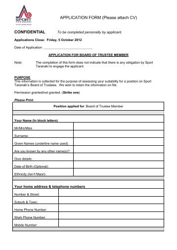 APPLICATION FORM (Please attach CV ... - Sport Taranaki