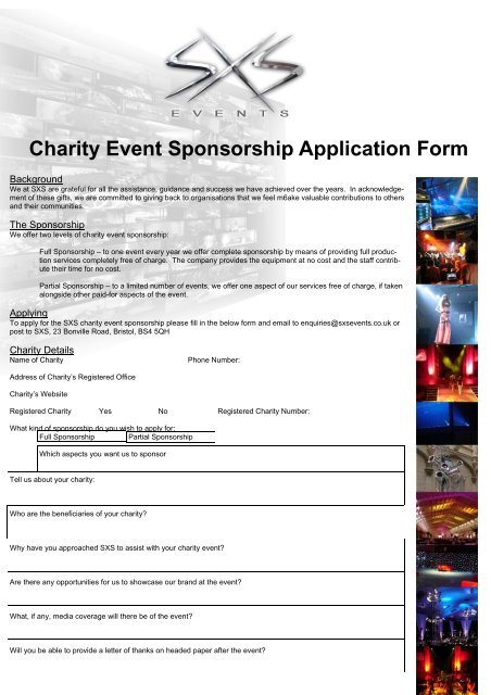 Charity Event Sponsorship Application Form - SXS Events