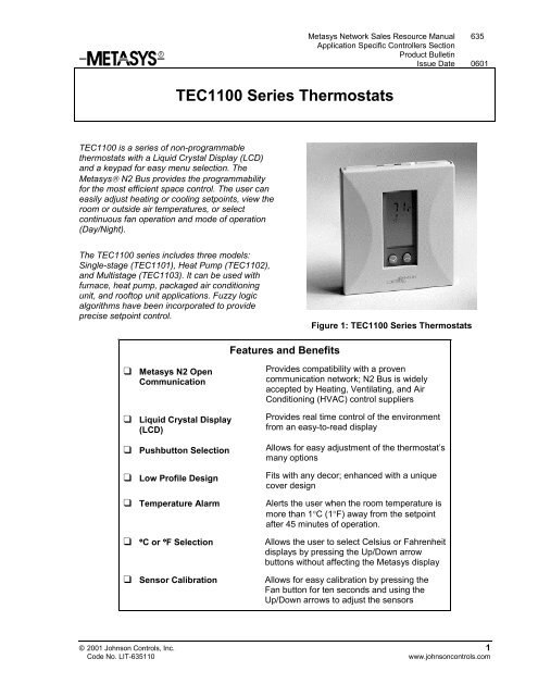 TEC1100 Series Thermostats Product Bulletin - Johnson Controls ...