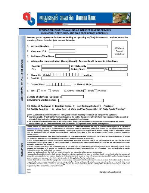 Andhra bank account opening form filling