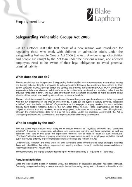 Safeguarding Vulnerable Groups Act 2006 - Blake Lapthorn