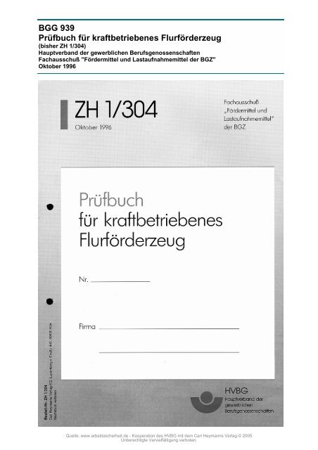 BGG 939 Prüfbuch für kraftbetriebenes Flurförderzeug