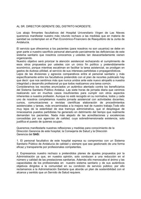 Escrito de los facultativos del Hospital Universitario Virgen de las ...