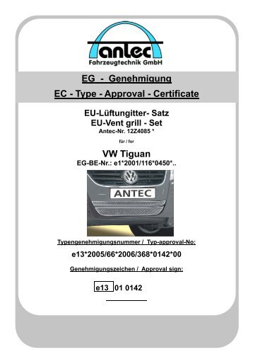 VW Tiguan EG - Genehmigung EC - Type - Approval - Certificate