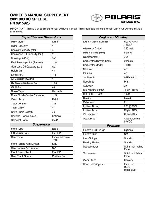 owner's manual supplement 2001 800 xc sp edge pn 9915925