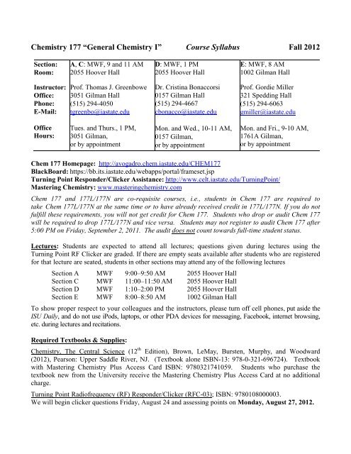 Chemistry 177 “General Chemistry I” Course Syllabus Fall 2012