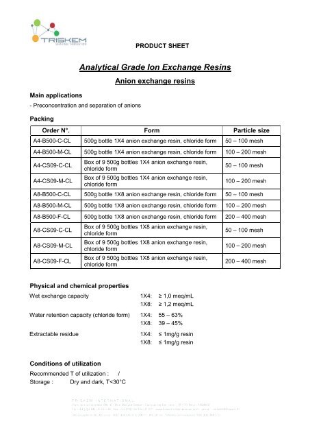 Analytical Grade Ion Exchange Resins - TrisKem International