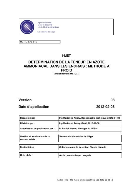 determination de la teneur en azote ammoniacal dans les ... - FAVV