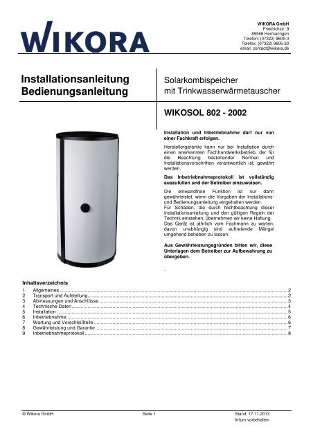 Hygienespeicher Wikosol ohne WT - Wikora GmbH