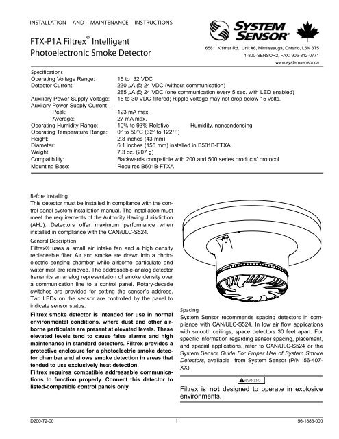 Ftx P1a Filtrex Intelligent Photoelectronic Smoke Detector