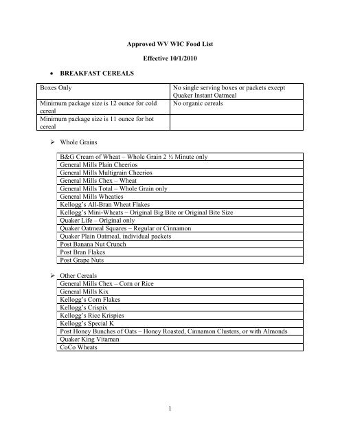 1 Approved WV WIC Food List Effective 10/1 ... - West Virginia WIC