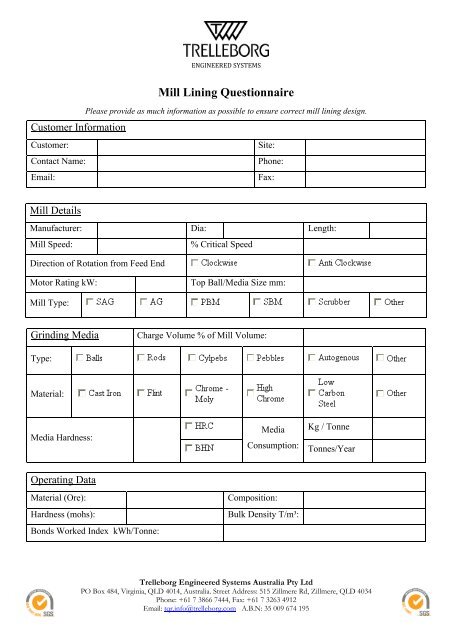 Mill Lining Questionnaire - Trelleborg.com.au