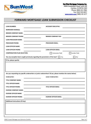 forward mortgage loan submission checklist - SWMC.com - Sun ...