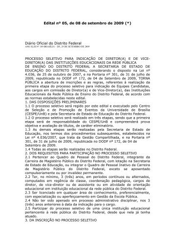 Edital nº 05, de 08 de setembro de 2009 (*) Diário ... - SINPRO-DF