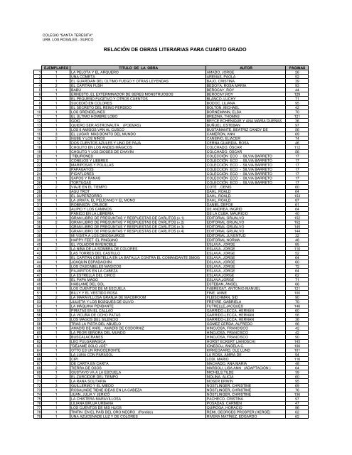 relación de obras literarias para cuarto grado - Colegio Santa Teresita