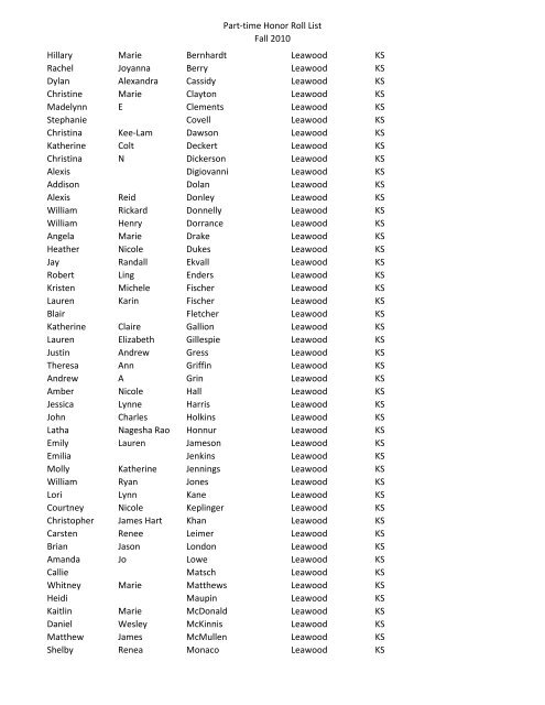 Part-time Honor Roll List Fall 2010 FIRST NAME MI LAST NAME ...