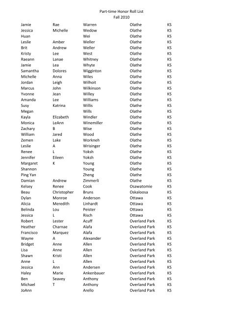Part-time Honor Roll List Fall 2010 FIRST NAME MI LAST NAME ...