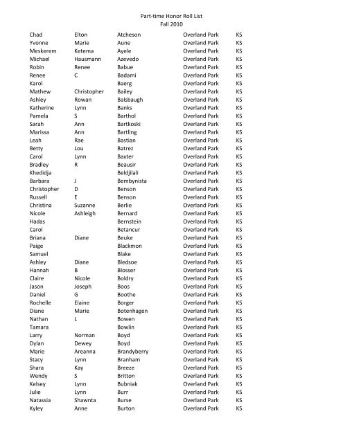 Part-time Honor Roll List Fall 2010 FIRST NAME MI LAST NAME ...