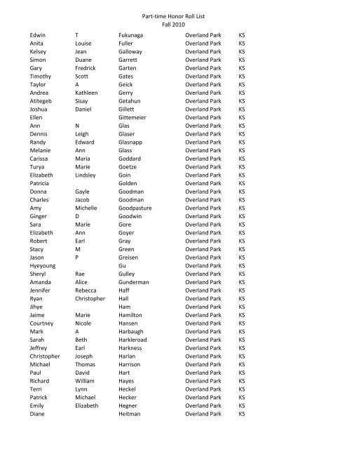 Part-time Honor Roll List Fall 2010 FIRST NAME MI LAST NAME ...