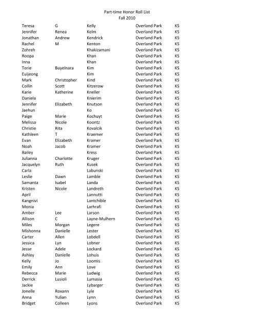 Part-time Honor Roll List Fall 2010 FIRST NAME MI LAST NAME ...