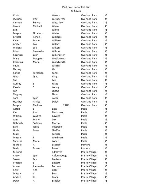 Part-time Honor Roll List Fall 2010 FIRST NAME MI LAST NAME ...