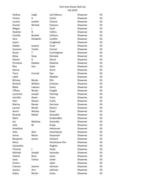 Part-time Honor Roll List Fall 2010 FIRST NAME MI LAST NAME ...
