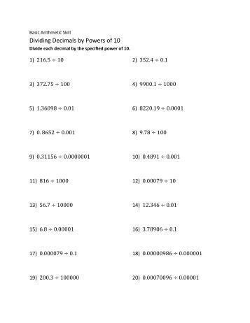 Multiplying Decimals by Powers of 10 worksheet
