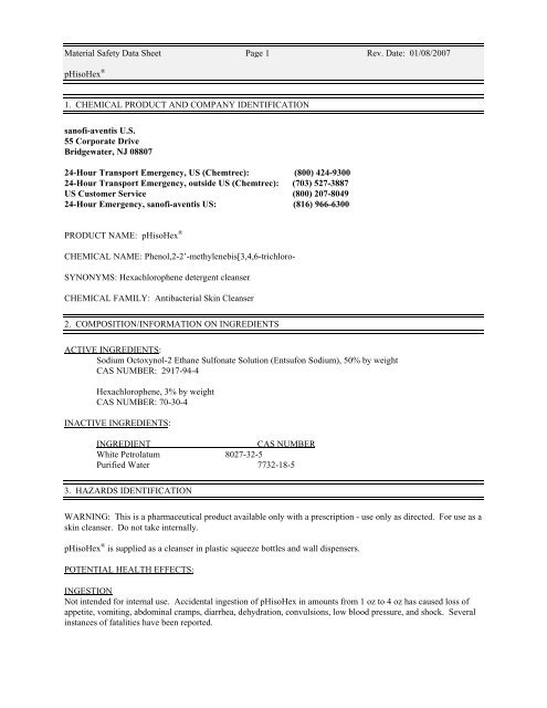 dihexa human safety data Material Safety Data Sheet Page 1 Rev. Date: 01/08/2007 pHisoHex