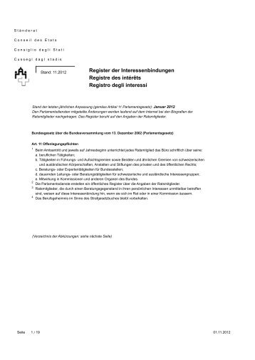 Register der Interessenbindungen Ständerat - Schweizer Parlament