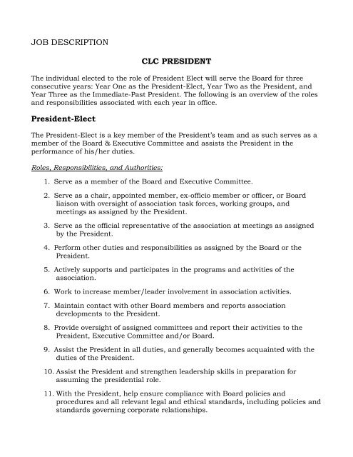 JOB DESCRIPTION CLC PRESIDENT President ... - Child Life Council