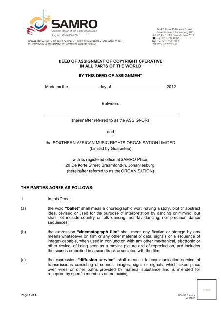 DEED OF ASSIGNMENT OF COPYRIGHT OPERATIVE IN Samro