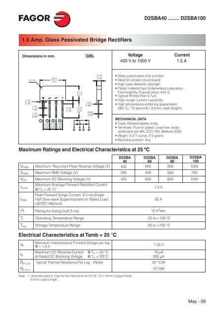 D2SBA40 ........ D2SBA100 1.5 Amp. Glass Passivated Bridge ...