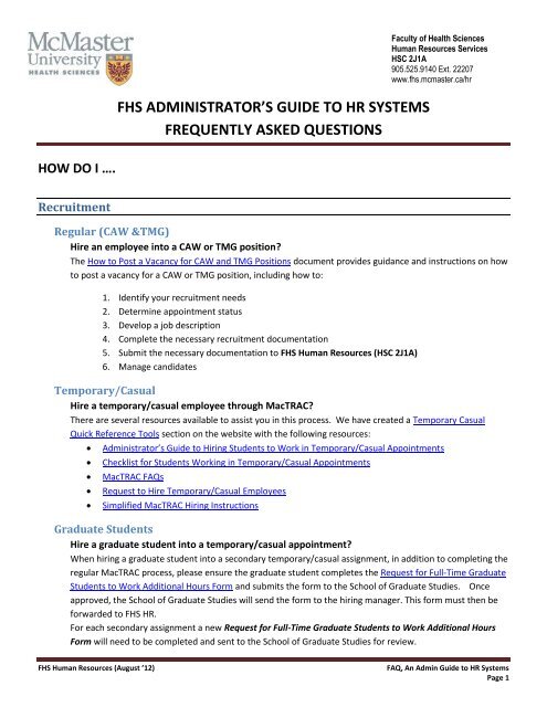 FHS ADMINISTRATOR'S GUIDE TO HR SYSTEMS FREQUENTLY ...