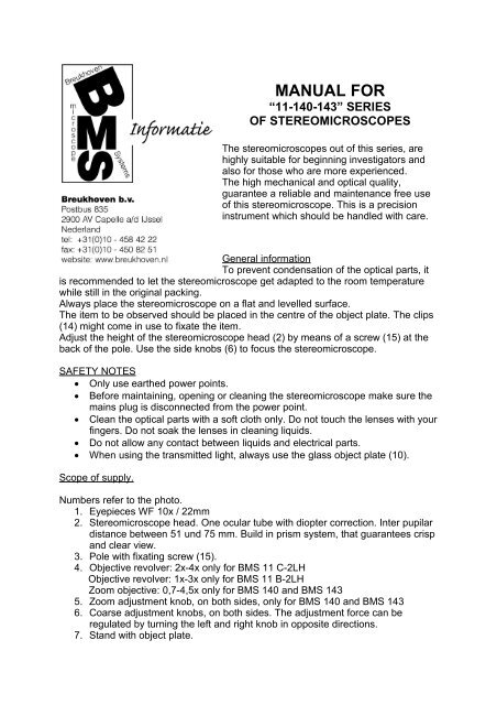 MANUAL FOR - BMS and Labomed - high quality microscopes