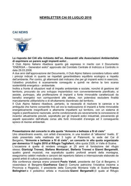 NEWSLETTER CAI 05 LUGLIO 2010 CAI NEWS - Club Alpino Italiano