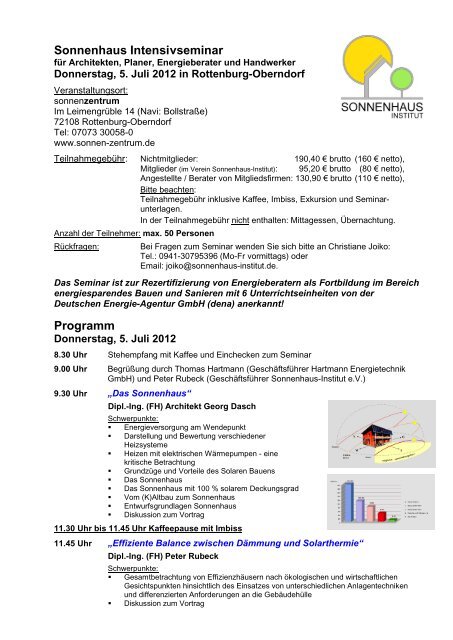 Sonnenhaus Intensivseminar Programm - Sonnenhaus-Institut