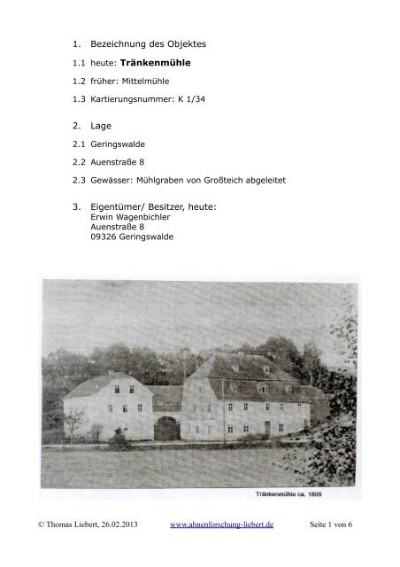 TrÃ¤nkenmÃ¼hle Geringswalde - Ahnenforschung Liebert