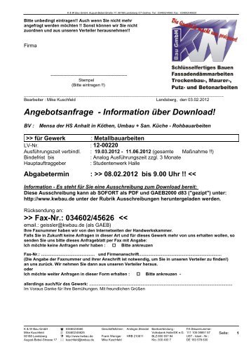 Abgabetermin : >> 08.02.2012 bis 9.00 Uhr - K & W Bau GmbH