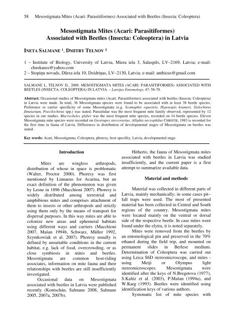 Mesostigmata Mites (Acari: Parasitiformes) - Entomological Society ...