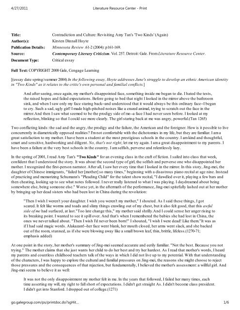 Argumentative Essay Examples High School Thesis Statement In Essay also Examples Of Proposal Essays Hoytecontradiction And Culturerevisiting Amy Tans Two Kinds English Essay Internet