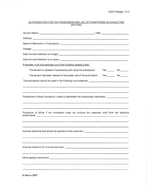 epi pen authorization form - Clark-Shawnee Local School District