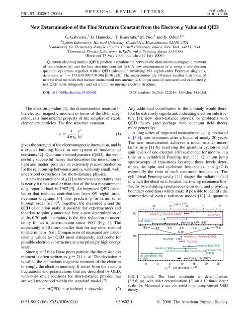 New Determination of the Fine Structure Constant from the Electron ...