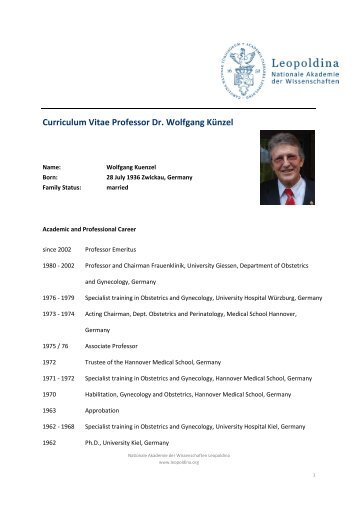 Curriculum Vitae Professor Dr. Wolfgang Künzel - Leopoldina