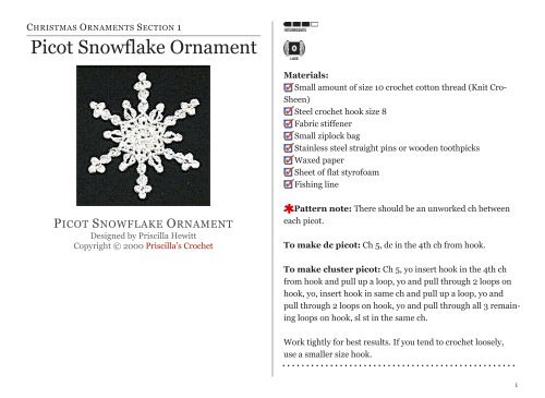 Picot Snowflake Ornament - Priscilla's Crochet