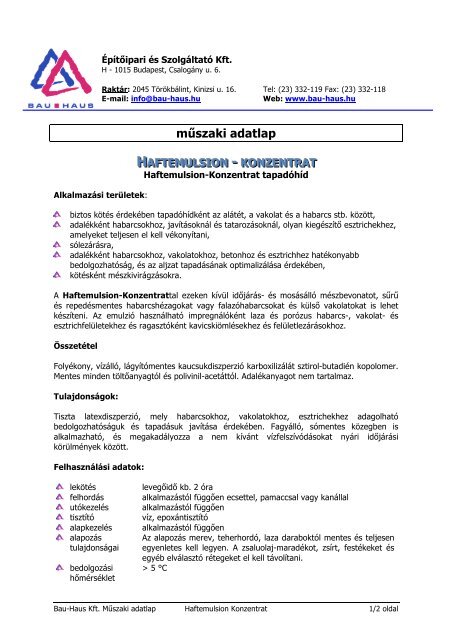 Haftemulsion mÅ±szaki adatlap (pdf - 94 KB) language - Bau-Haus Kft.